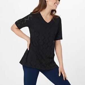 Isaac Mizrahi Knit Eyelet Rounded Swing Elbow Sleeves Top